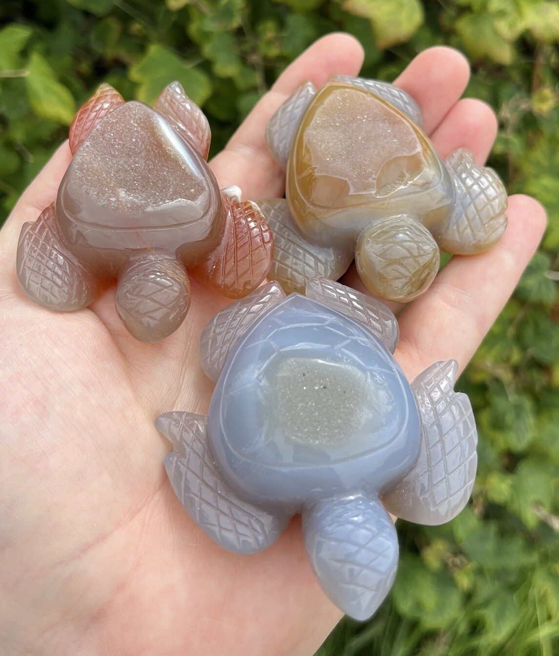 Druzy AGATE Hand Carved Turtle SET x 3 Grey Red Brown Natural Crystal Decoration