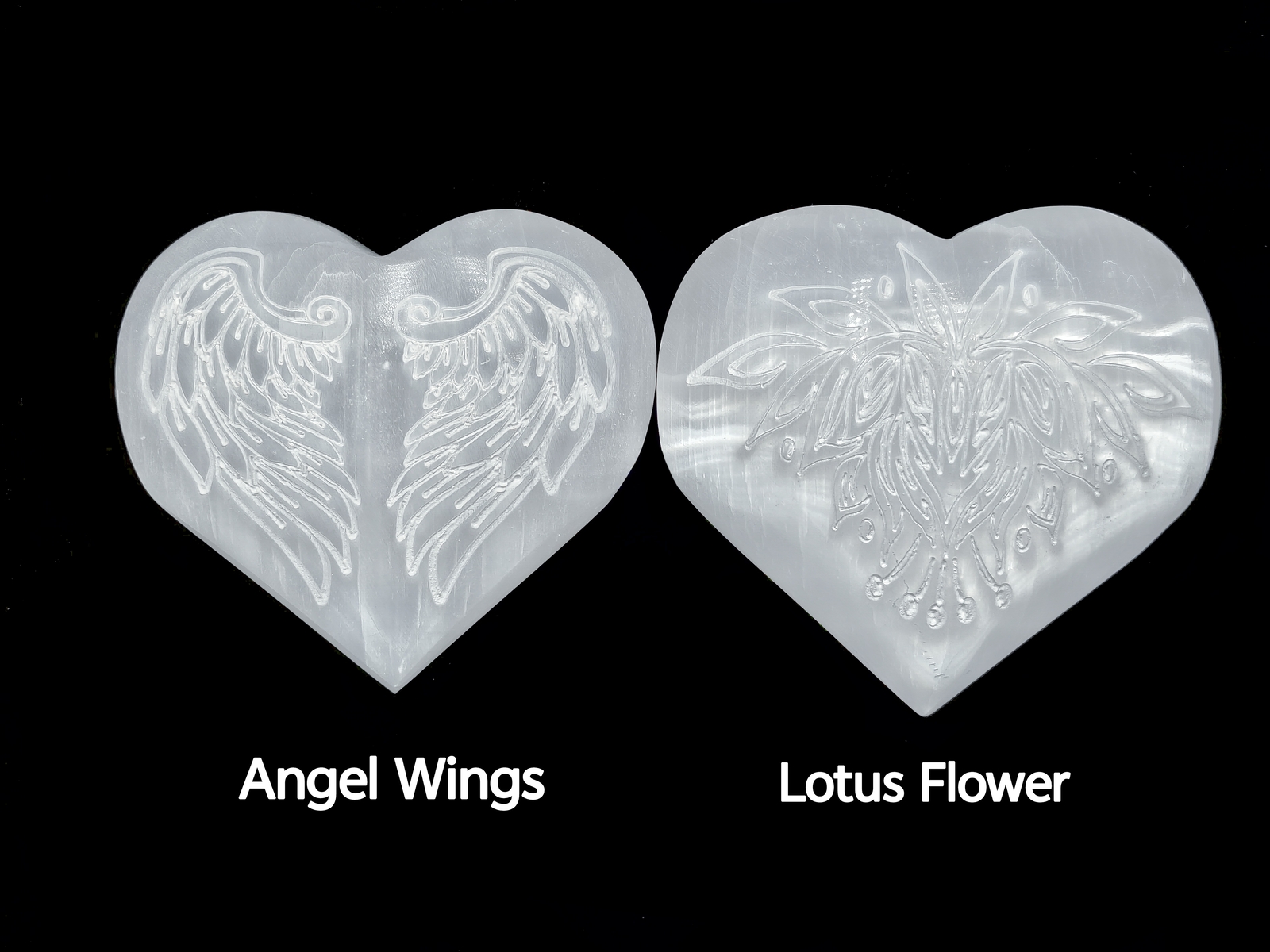 Selenite Palm Stone Heart Shape Angel Wings & Lotus Flower Size 3″ Inches