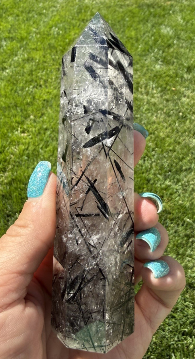 Natural Black Tourmaline in Quartz Tower Polished Crystal Point Collector, 6 “