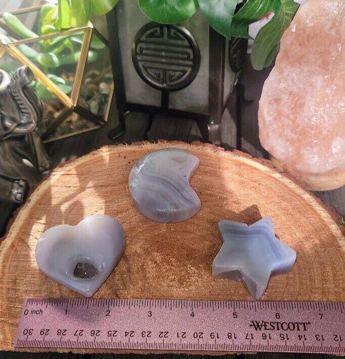 Gray Agate MOON ,STAR, HEART w/Druzy lot of 3 – 120g, 80g, 71g -palm stone