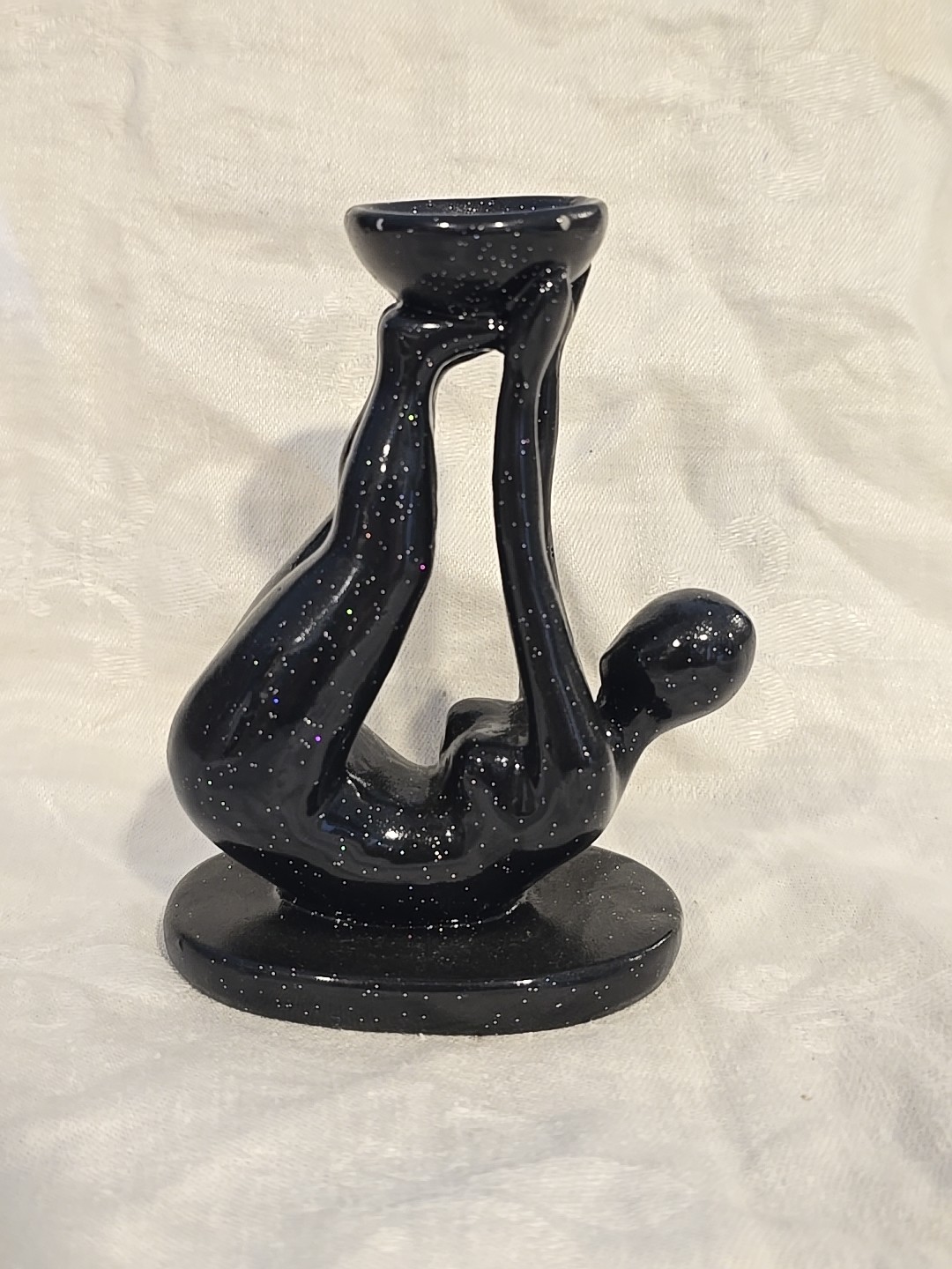Art Deco Female Fluid Form Crystal Ball Sphere Holder Black Sparkle Carved Resin