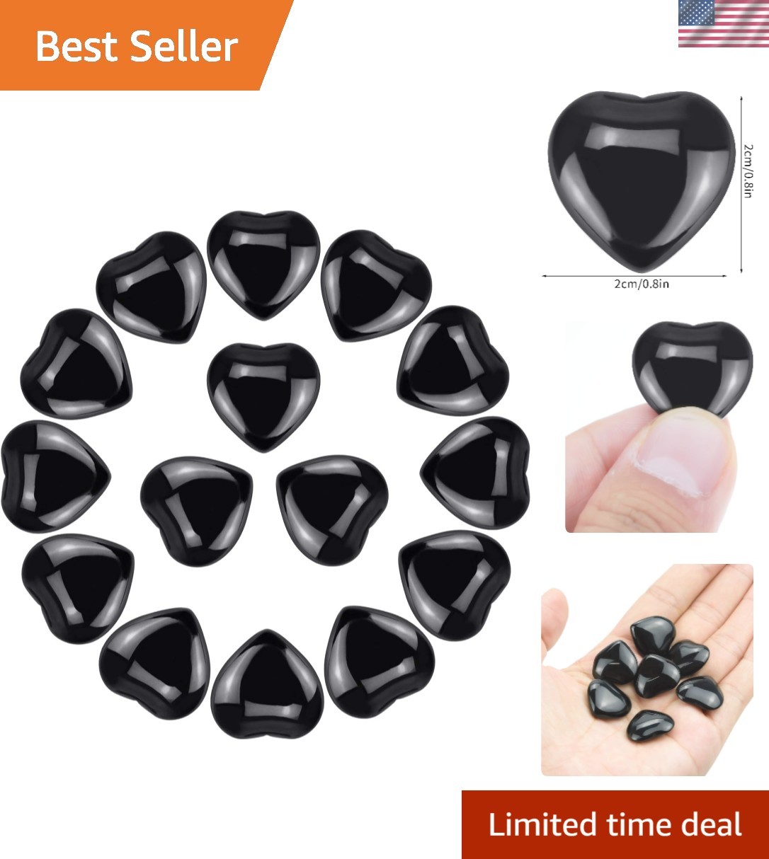 Natural Black Obsidian Heart Stones – 15 Super Mini Healing Crystals, 0.8 Inch
