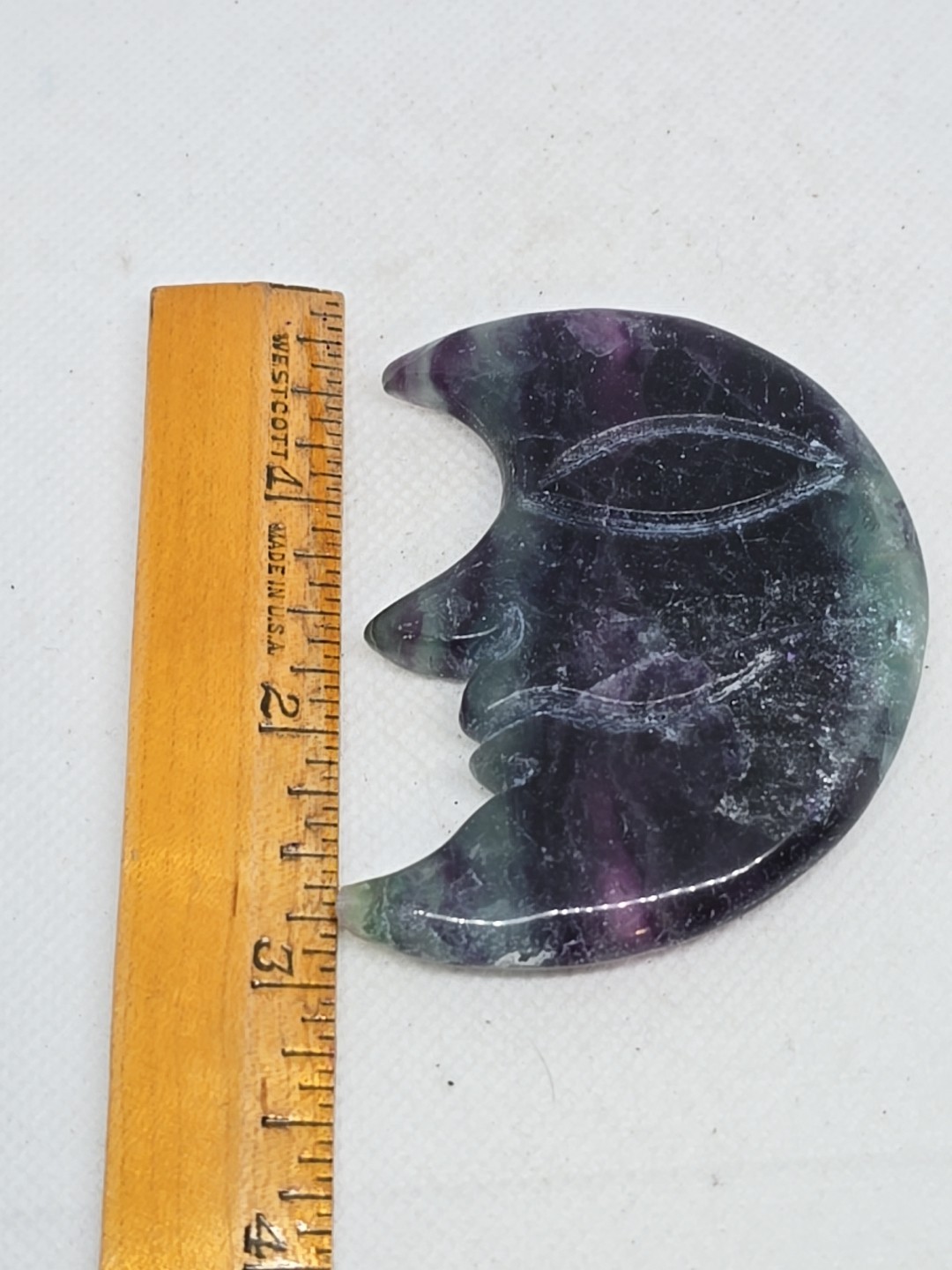 Rainbow Fluorite Hand Carved Moon With Face Polished Double Sided