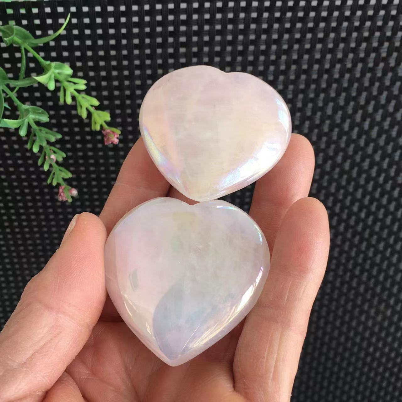 74g 2pcs Rose Quartz Heart Carving Titanium Angel Aura Stone Quartz Crystal