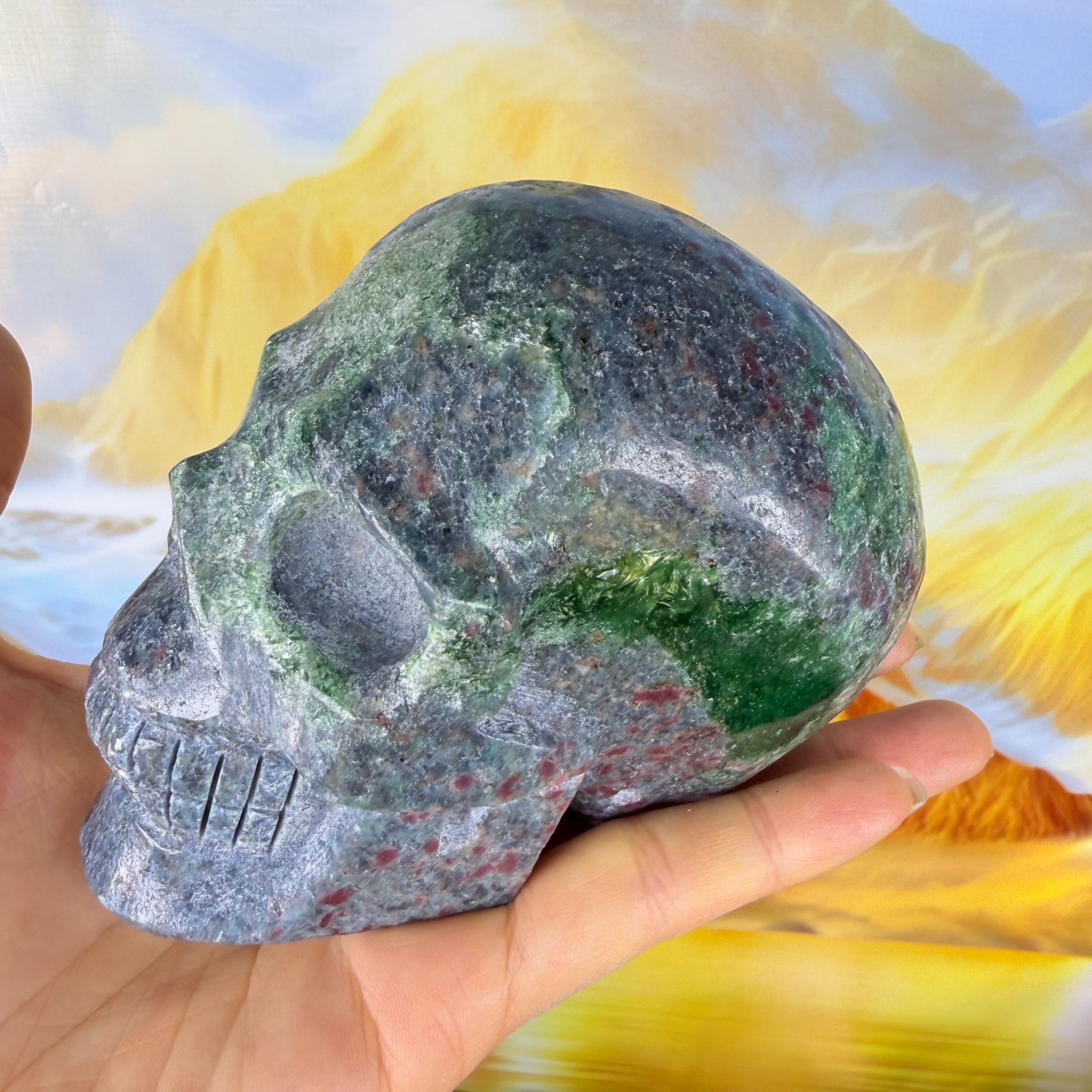 1016g Natural Ruby Sapphire Emerald Crystal Skull Mineral Healing
