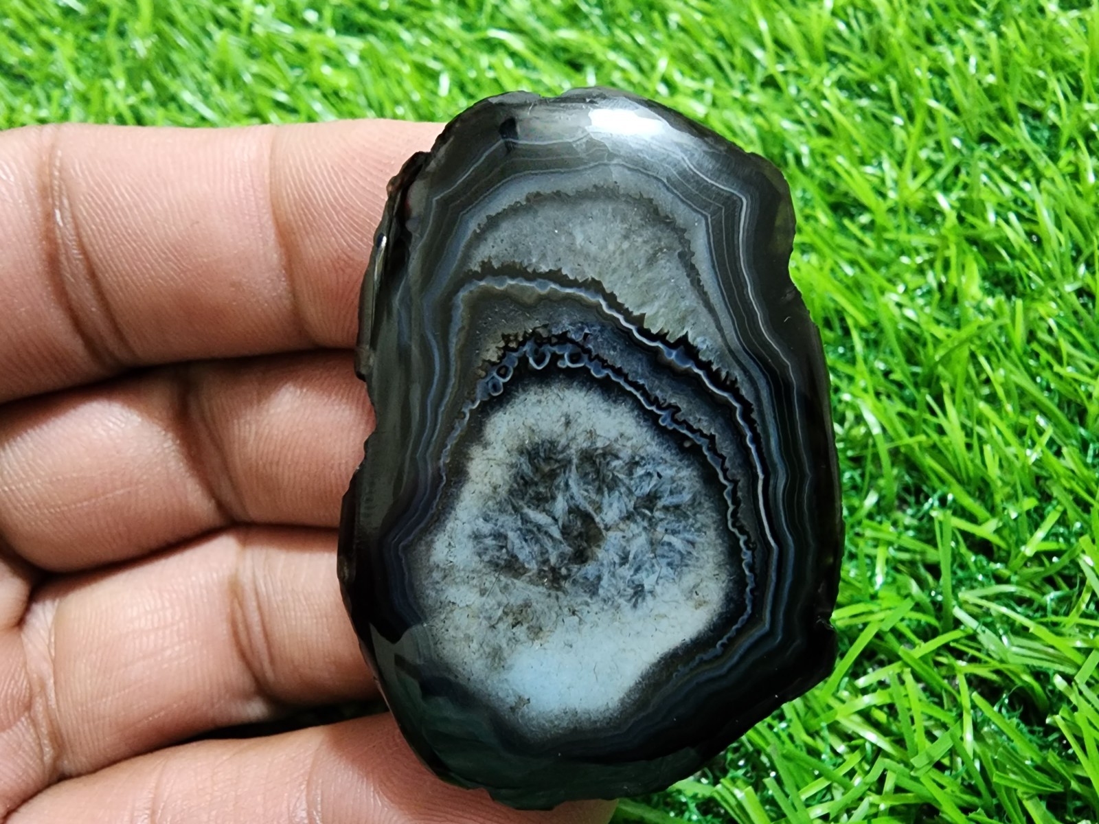 74ct Black Banded Slice Agate Druzy, Polished Geode Slab Crystal Loose Gemstone