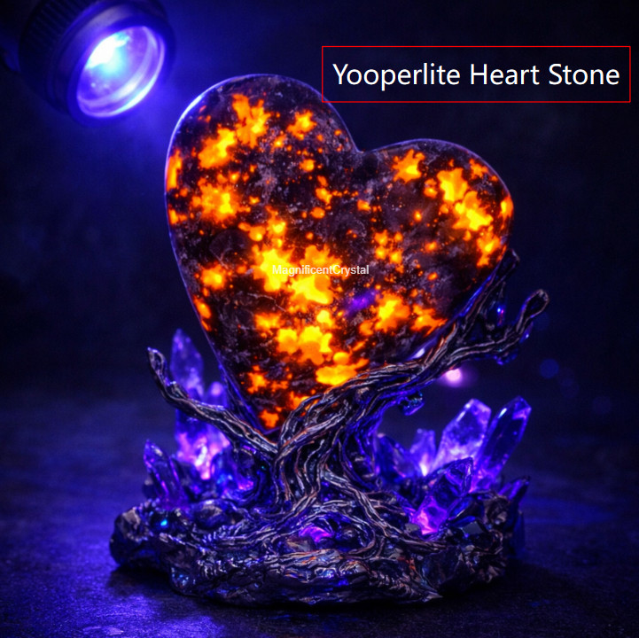Genuine Yooperlite Heart Stone UV Reactive Sodalite Healing Reiki Flame Crystal