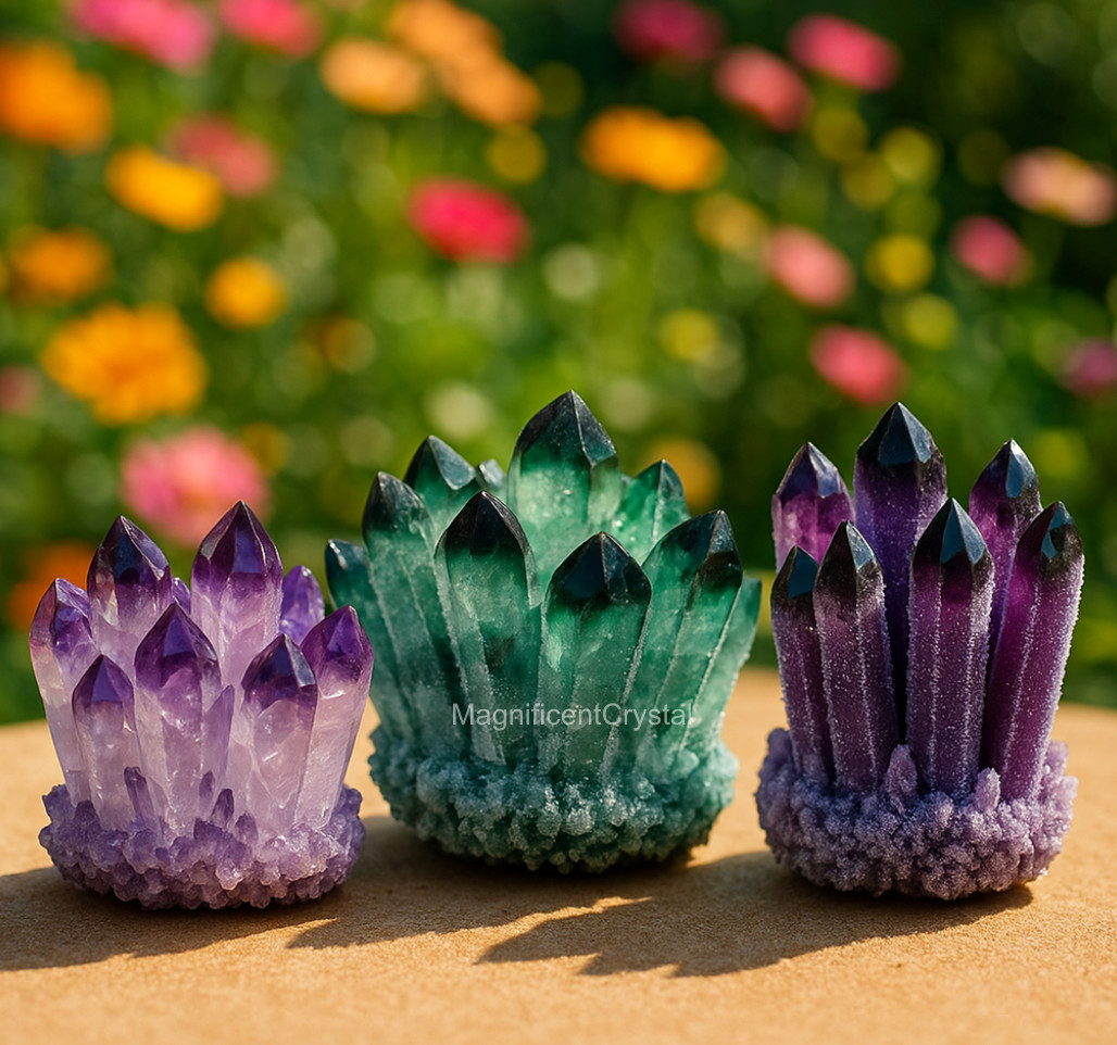 3PCS Amethyst Green Phantom Crystal Cluster Natural Rough Geode Quartz Decor
