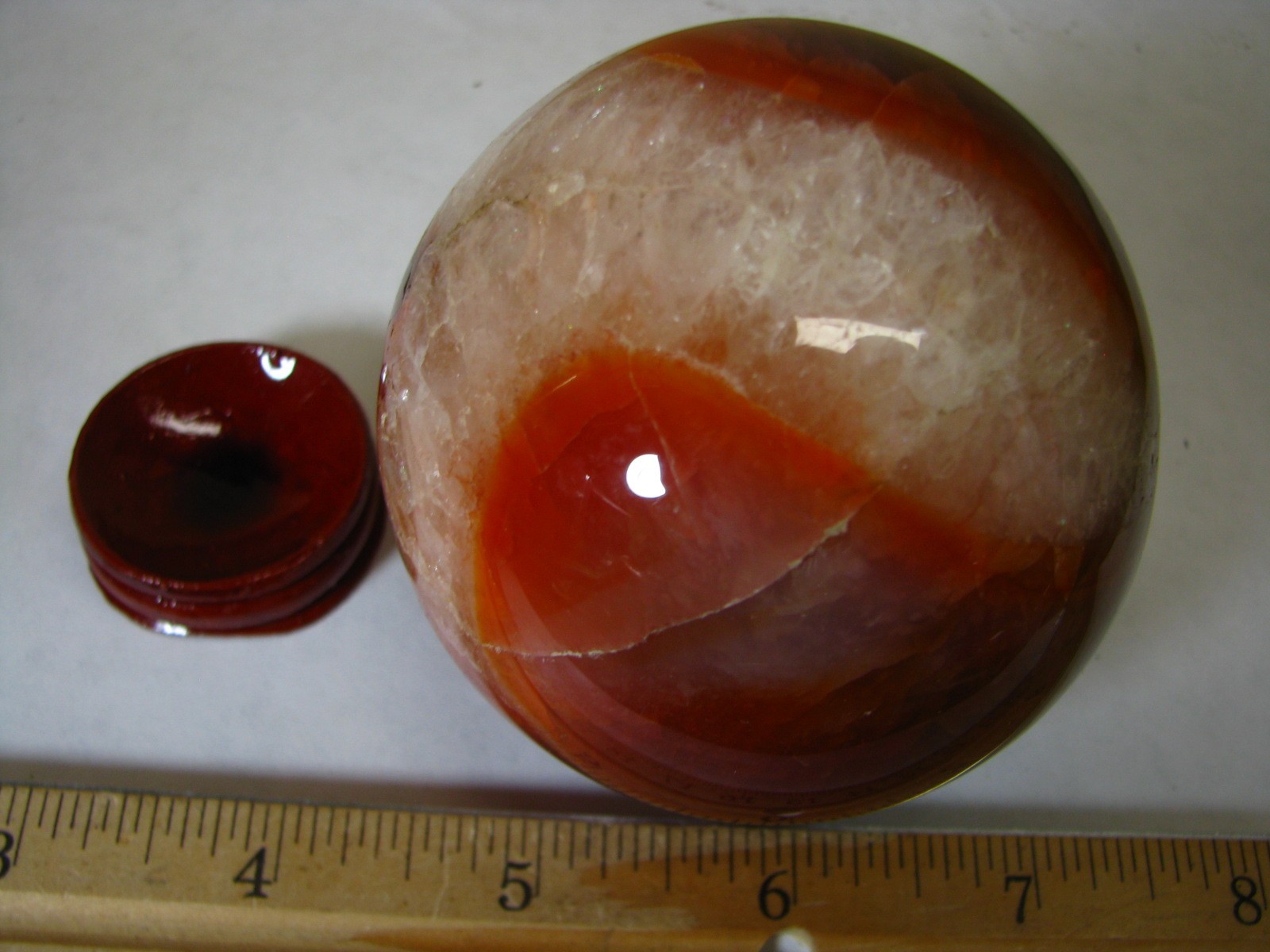 1.21b 2.8in CARNELIAN AGATE AND QUARTZ SPHERE ORANGE/REDS/WHITE MADAGASCAR #211