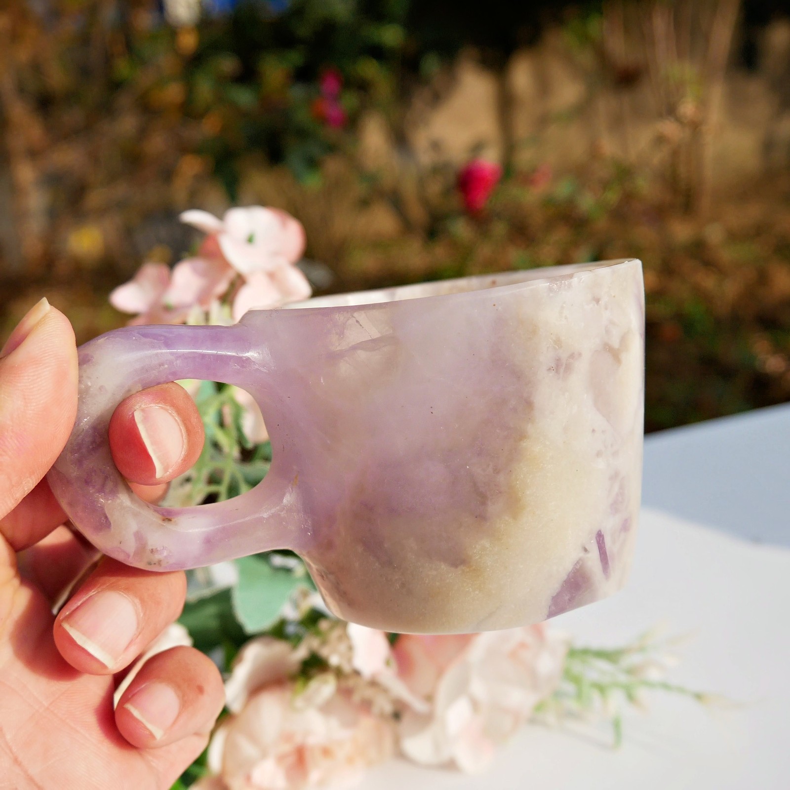 4.8″ Silk Banded Fluorite Cup Crystal Healing Bowl Meditation Gems Carved Decor