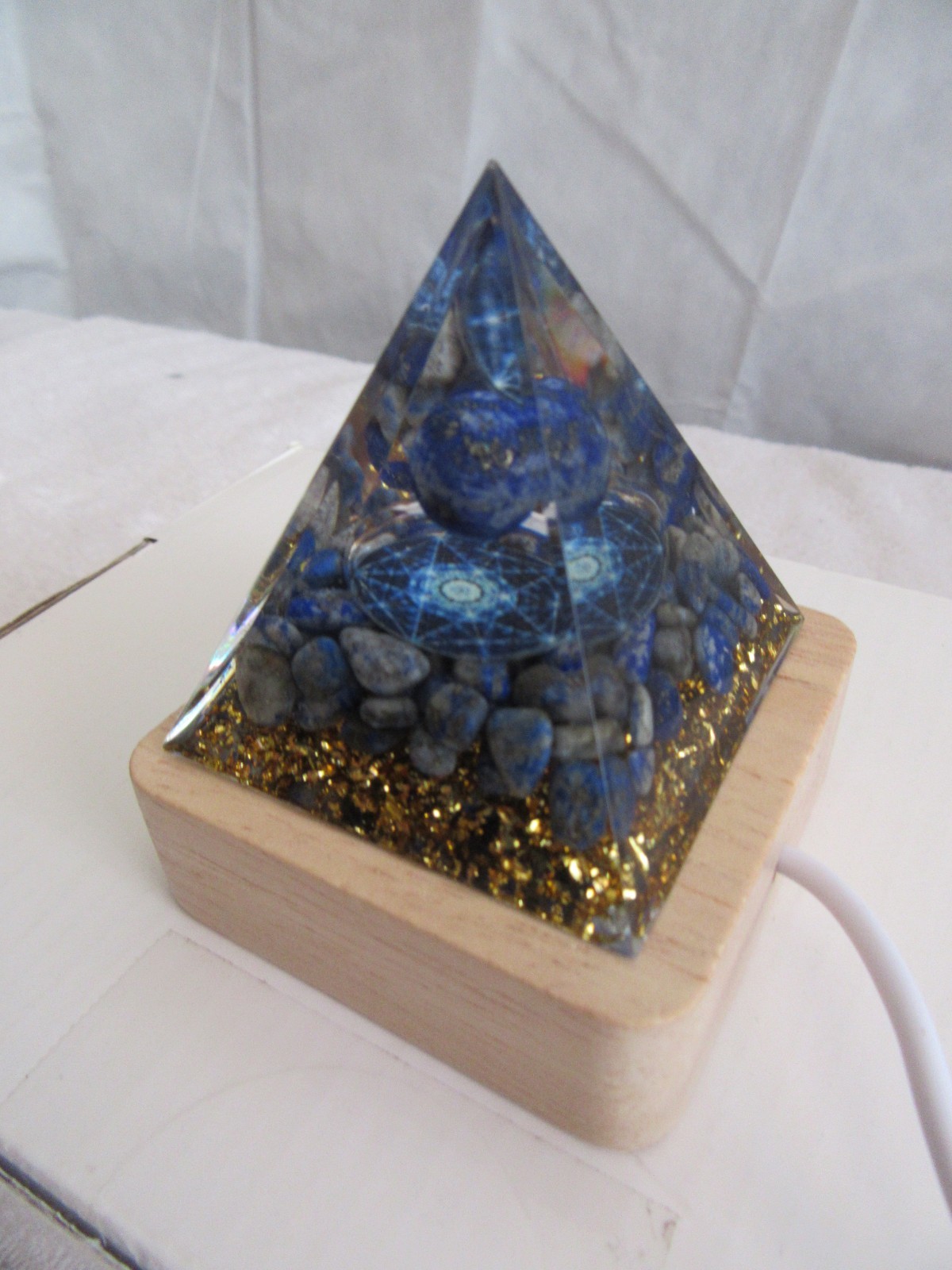 Orgone Pyramid dark blue light blue gold Pyramid w/multi-color lighted wood base