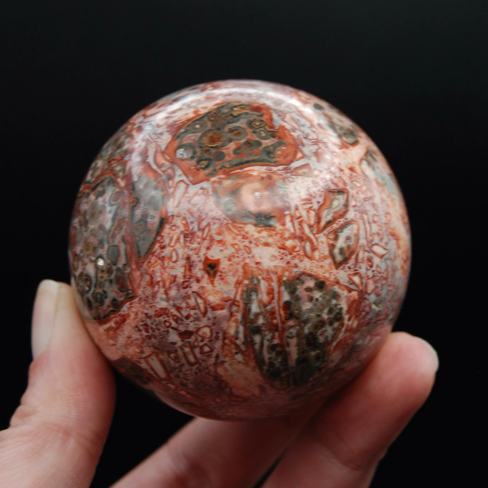 2.5in 294g Pink Leopard Skin Jasper Crystal Sphere, Medium Colorful Ornate Natur