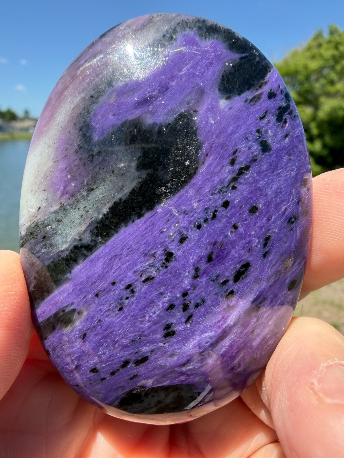 AA Grade Charoite Polished Gemstone Large Palmstone 2 3/4″ 92 Grams