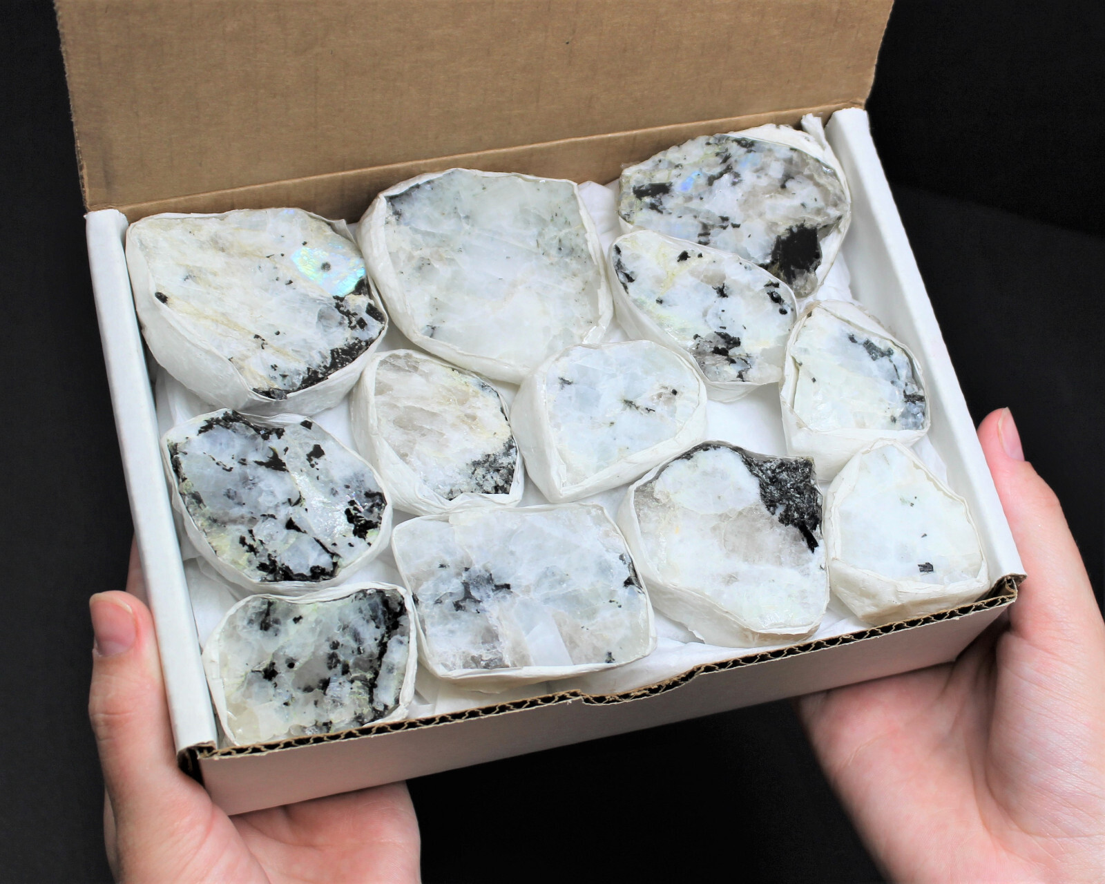 Rainbow Moonstone Premium Natural Rough Specimen Box: 8 or 12 Piece ‘AAA’ Grade