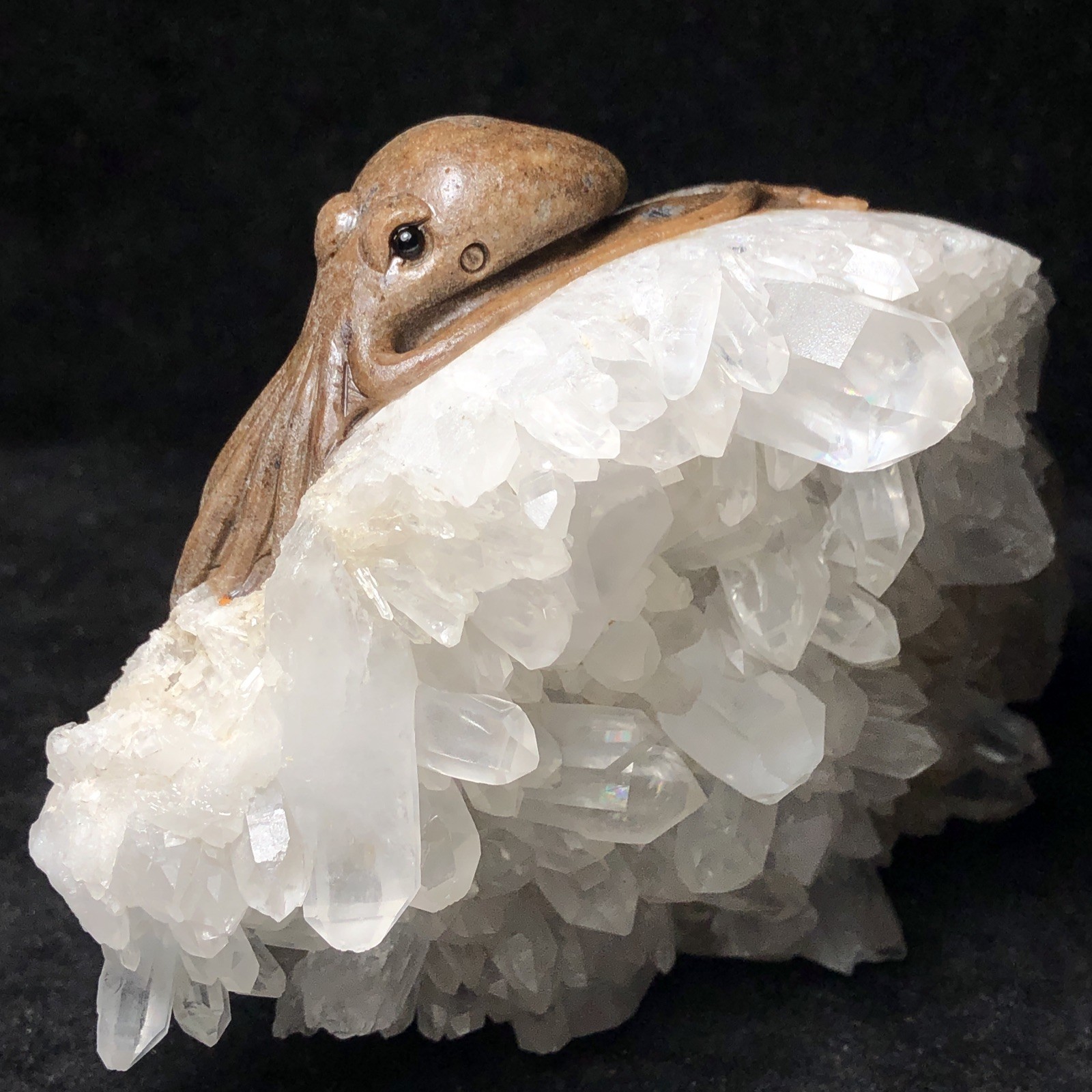 Premium Hand Carved Natural White Crystal Cluster Octopus Signed Collectible Art