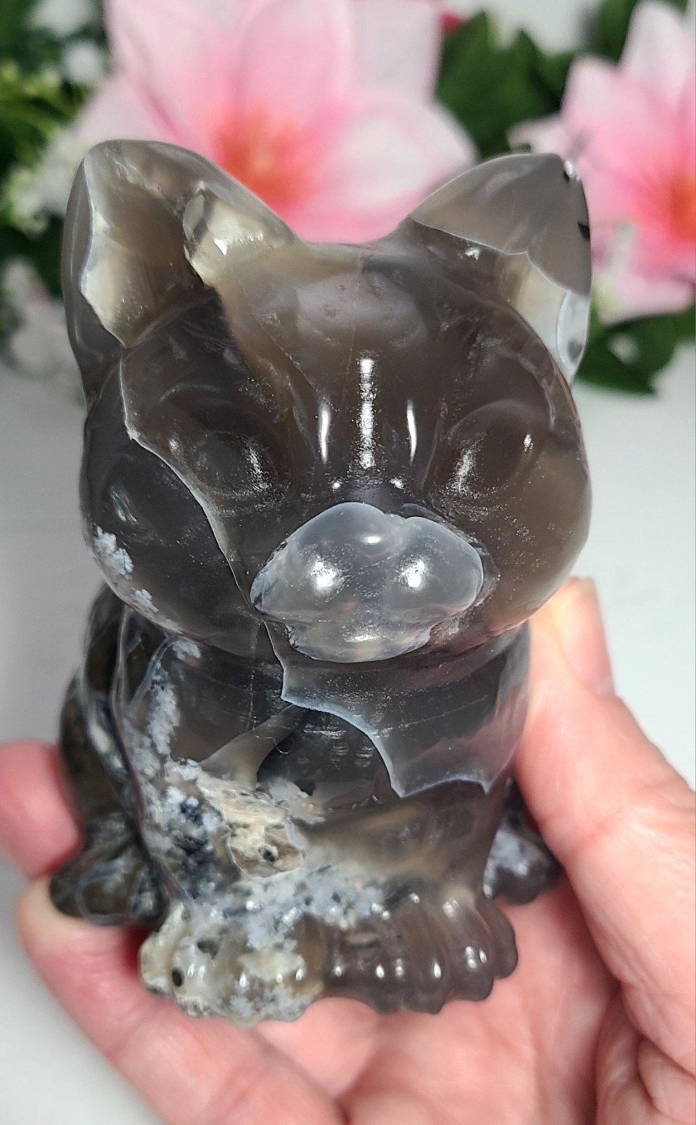 Large 4″ 554g UV Reactive Volcano Agate Cat Kitten Stone Crystal Carving Statue