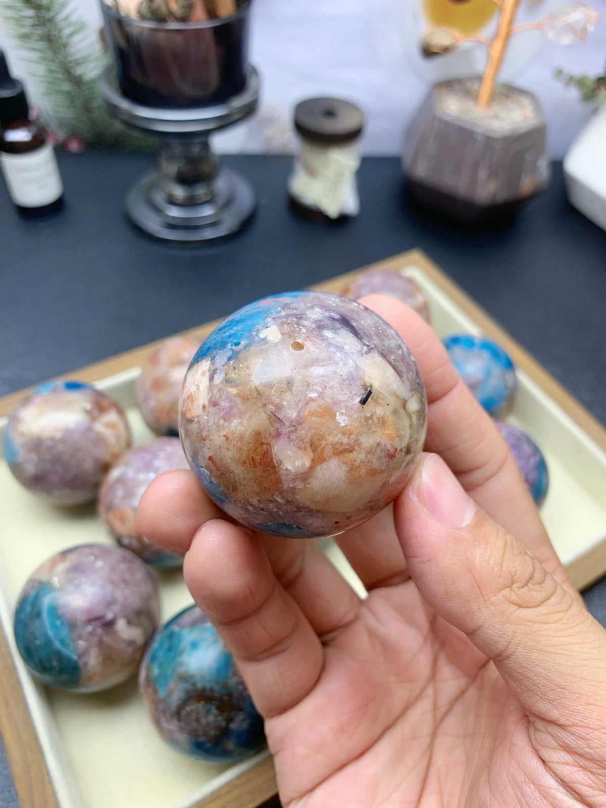 Composite Crystal Sphere 5cm, Apatite Sunstone Purple Mica with Wooden Stand