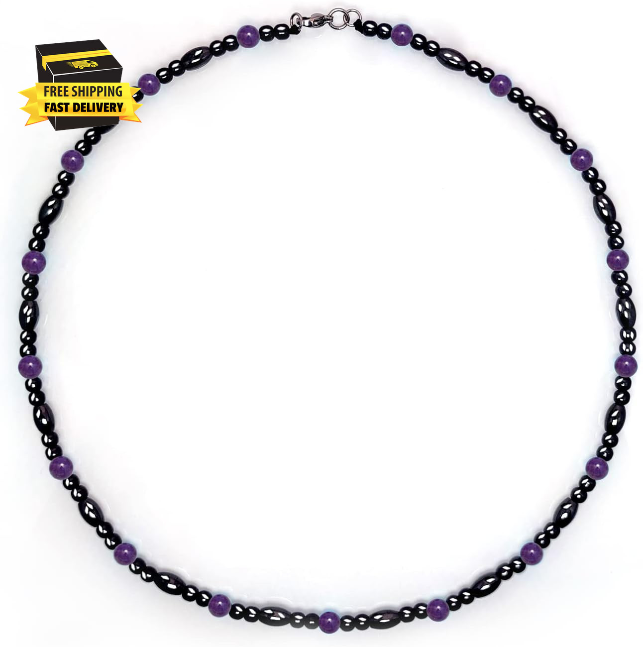 Magnetic Black Obsidian & Purple Amethyst Necklace for Women Men, Natural Wellne
