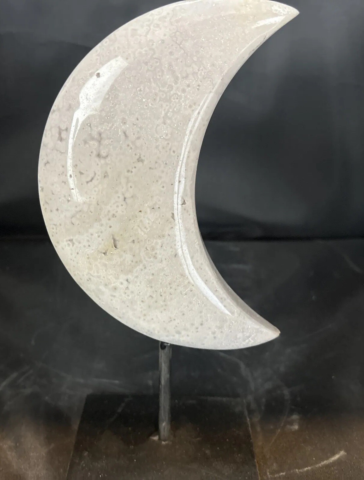 Large pink amethyst moon on metal stand