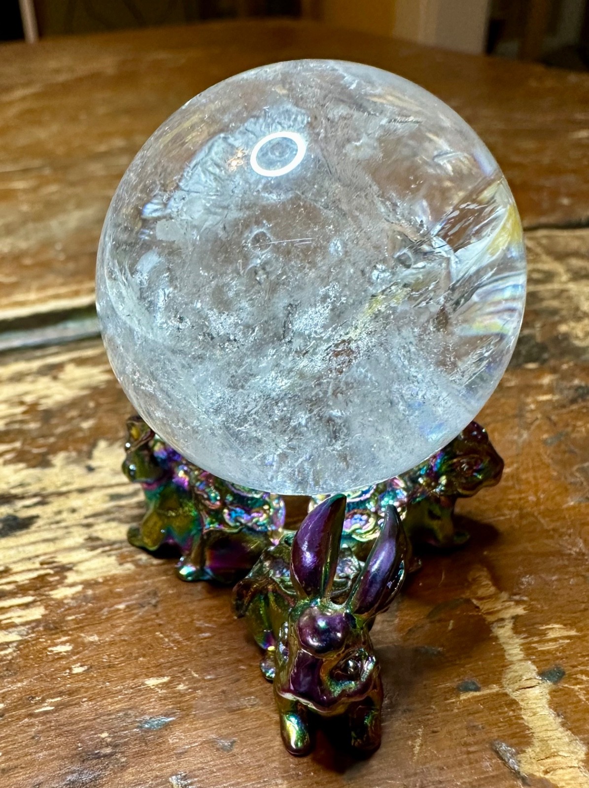Clear quartz crystal sphere many rainbows with metal bunny stand Free shipping