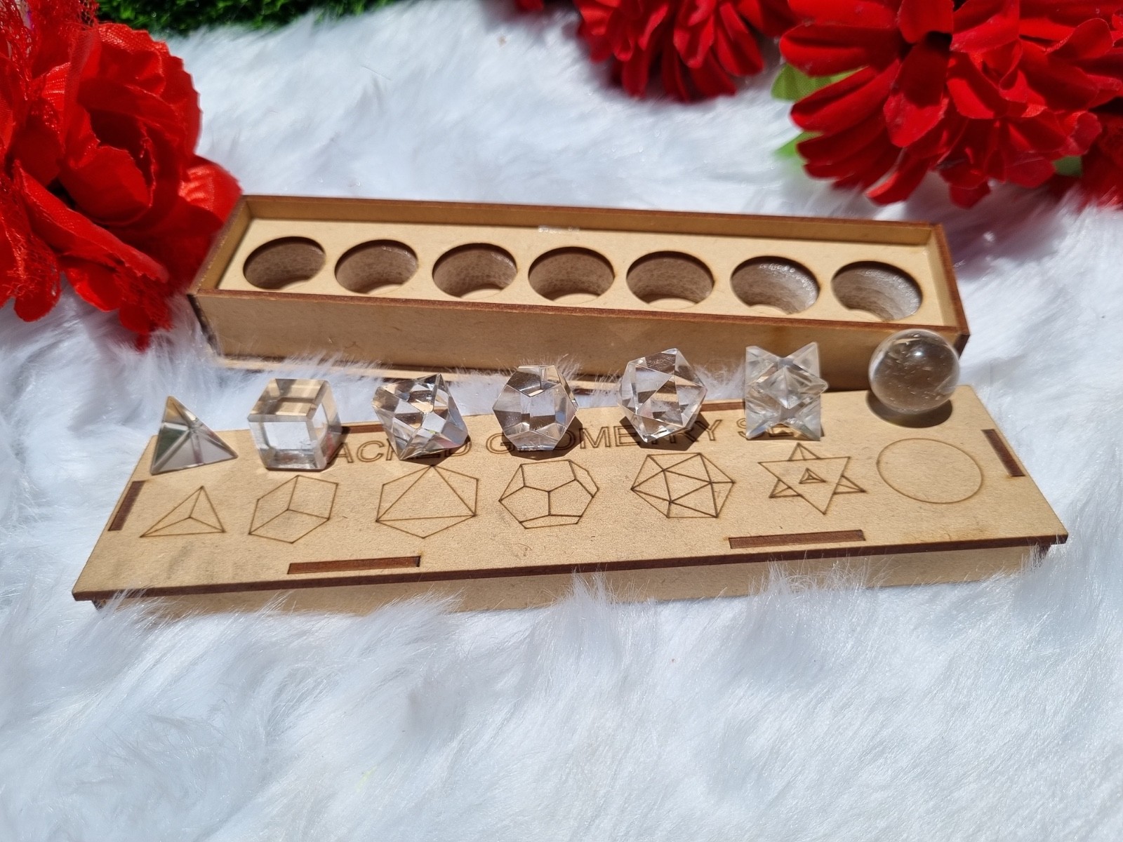 7-Piece Sacred Geometry Crystal Set, Natural Clear Quartz, Energy Healing Grid.
