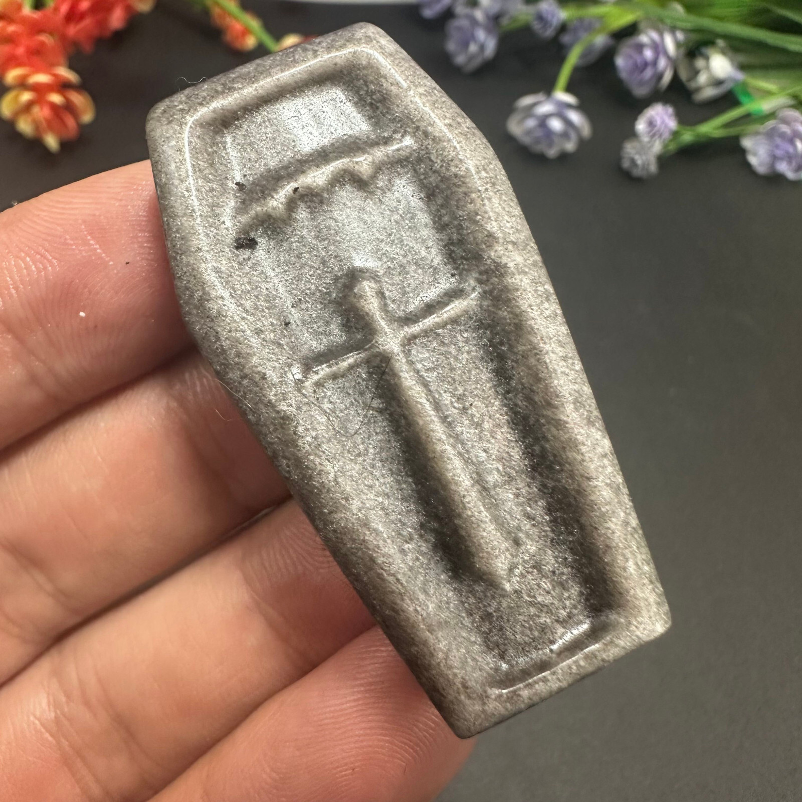 Natural silver Obsidian Hand Carved Coffin Quartz Skull Crystal Reiki Healing 1P