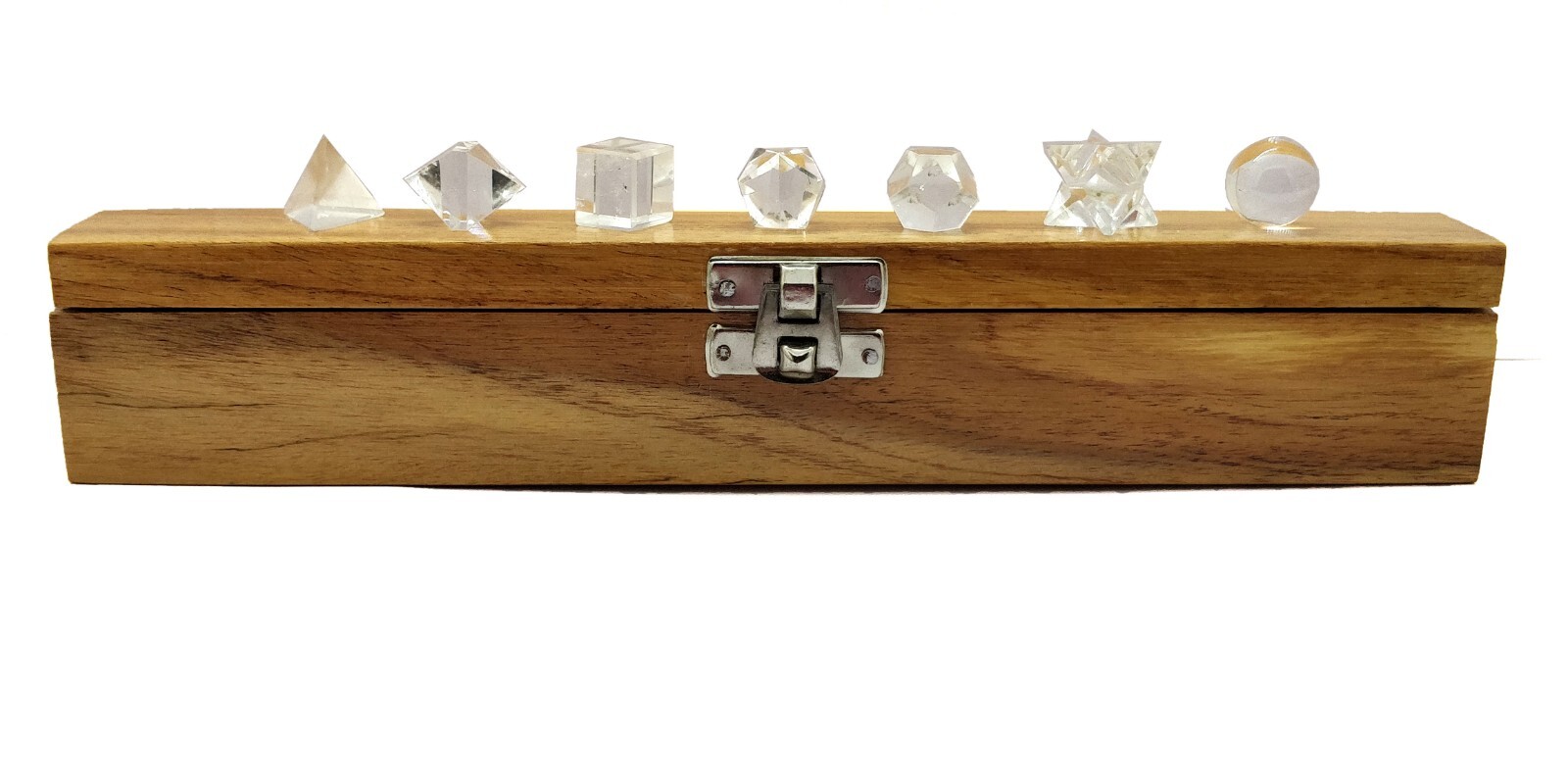 Crystal Quartz Geometry 7 Pcs Platonic Solid Set In Wooden Box Healing Crystals