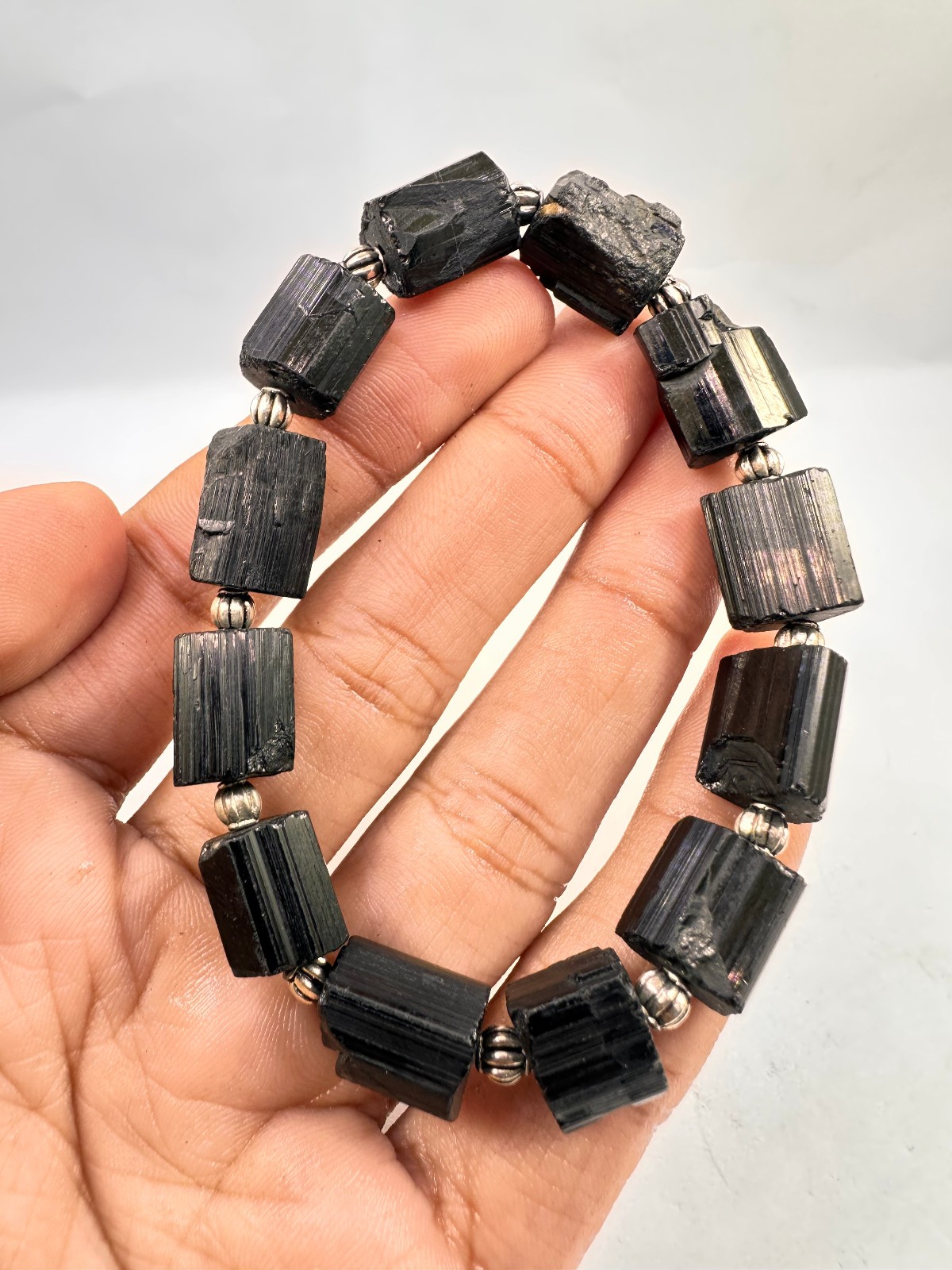 100% Natural Stone Black Tourmaline Chunk Bracelet Stretchy Handmade