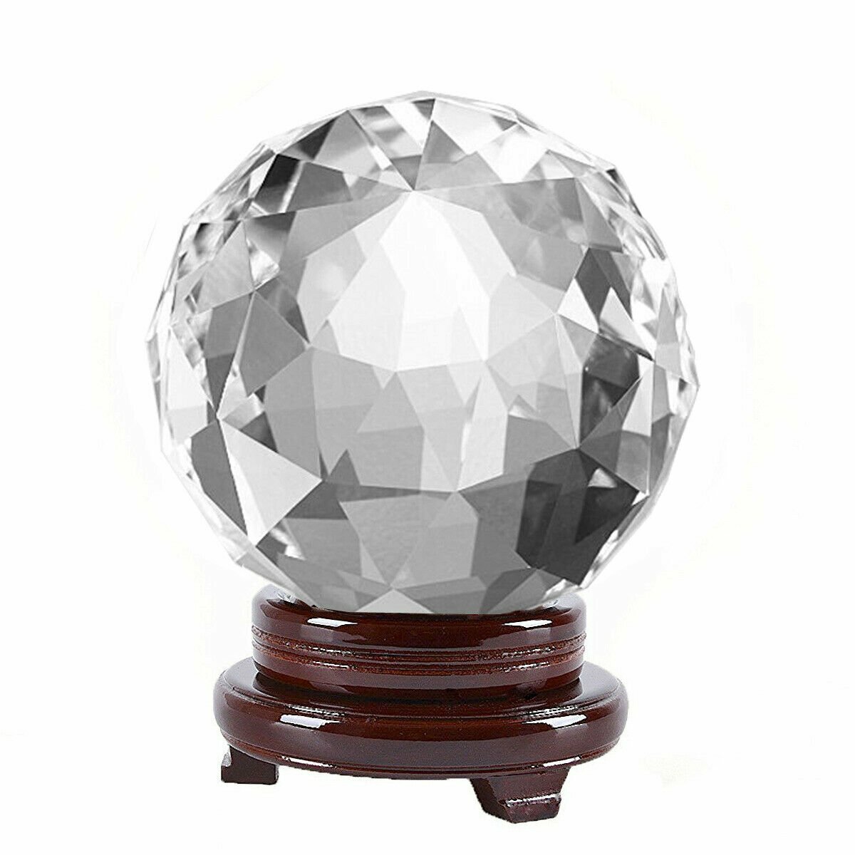 Clear Faceted Crystal Ball 80mm 3 inch With Wood Stand in Gift Box