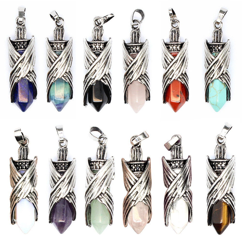 Natural Gemstone Hexagonal Angel Wing Chakra Healing Pendant Bead Tibetan Silver