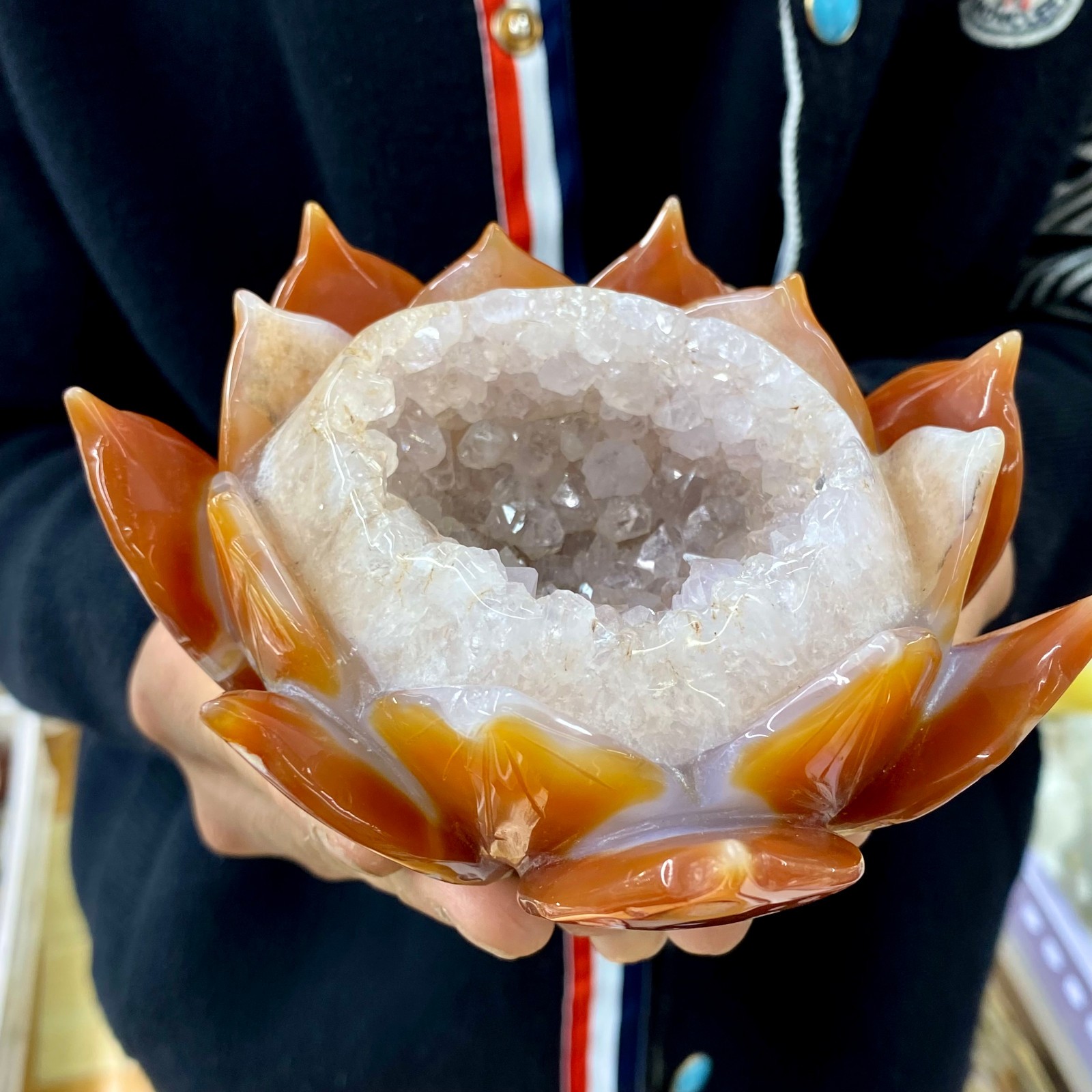 1.96LB Natural Agate Geode Carved Lotus Flower, Hand Carved Healing Crystal Home