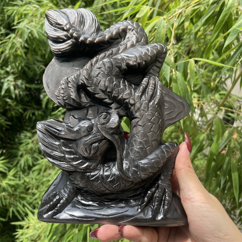 3LB 8″ Natural Silver Obsidian Dragon Carved Crystal Quartz Mineral Statue