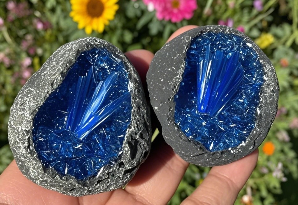 2Rare Meteorite Quartz Crystal Specimens Goethite Blue Copper Ore Clusters Gifts