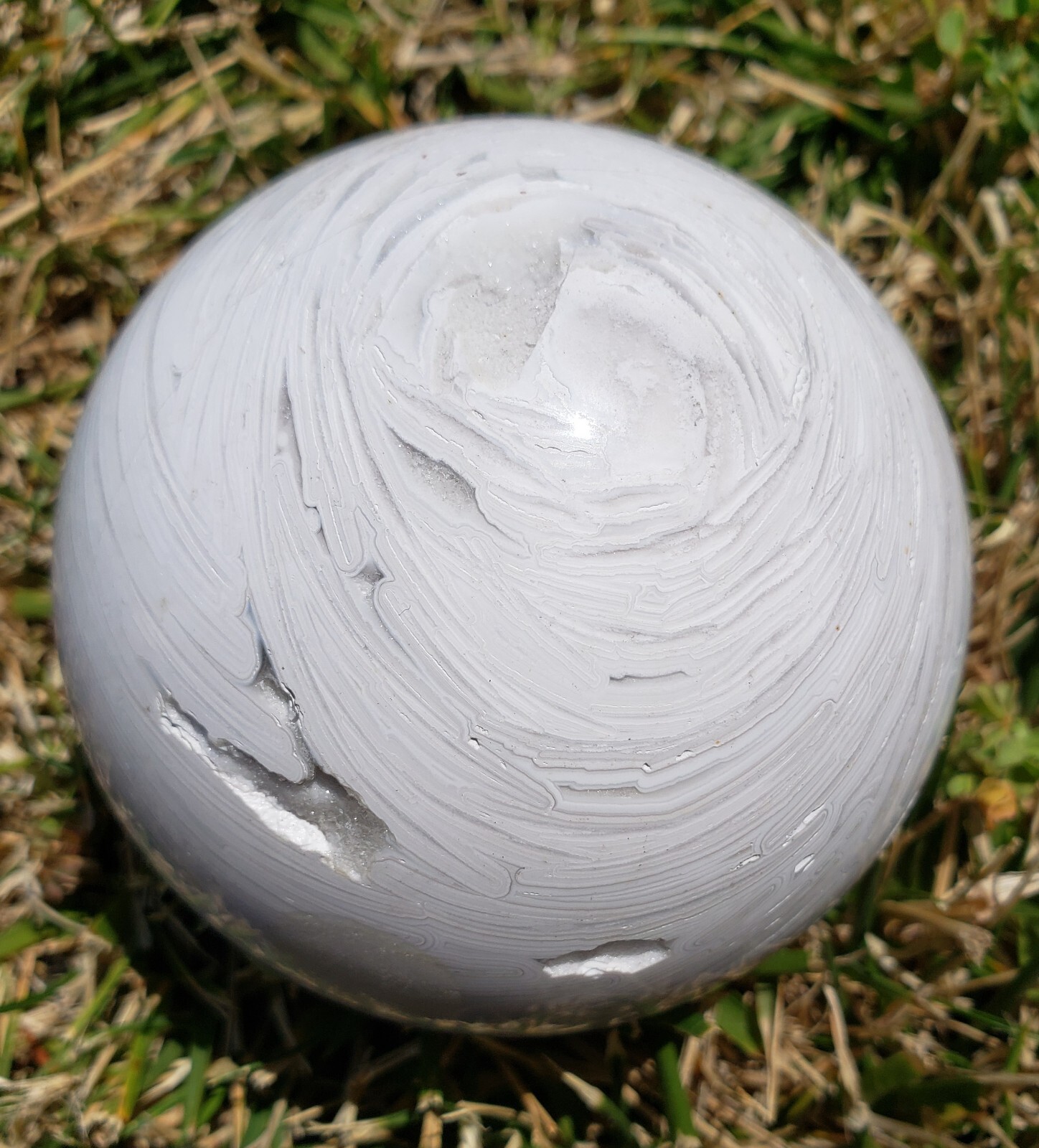 3.0″ White Lace Mexican Agate Polished Sphere Crazy with Open Druzy Sphere UV