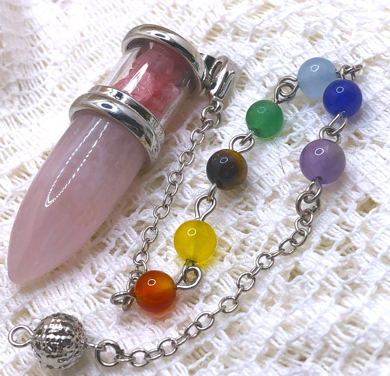 SEVEN Chakra Stones – DIVINING PENDULUM – ROSE QUARTZ Pendulum & Vial (#11)