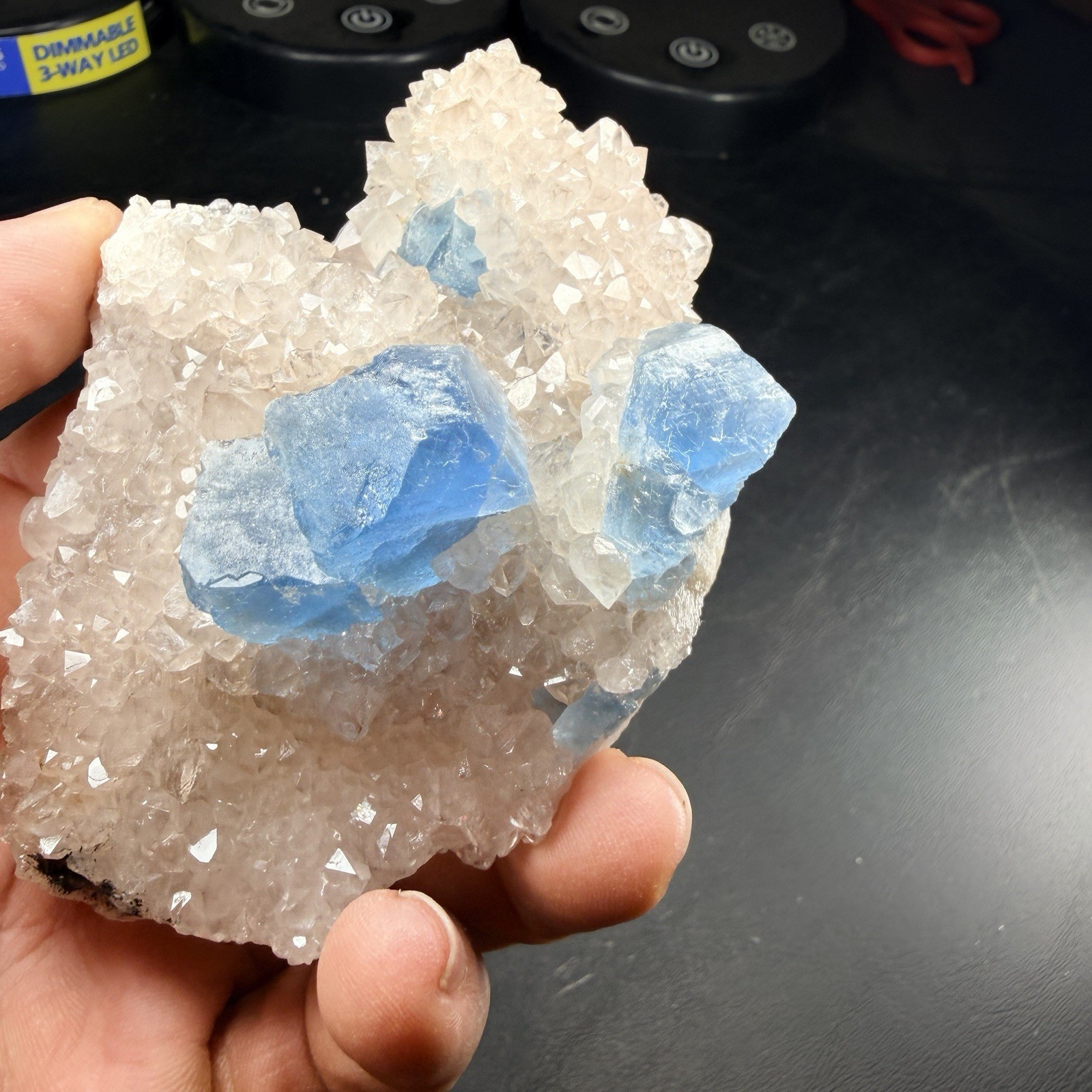 Blue Fluorite Crystals on Quartz Crystal Cluster / New Mexico *VIDEO*