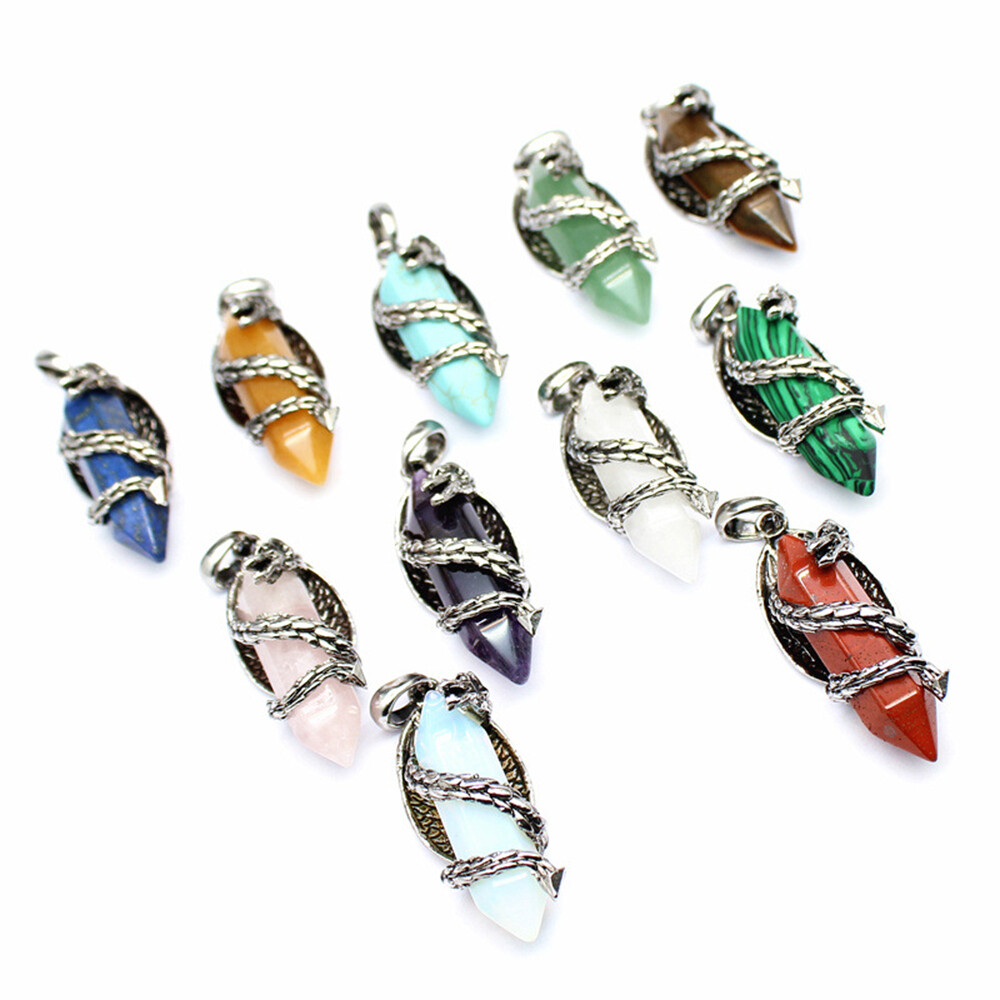 Natural Chakra Crystal Quartz Dragon Pendant Double Pointed Hexagon Column Stone