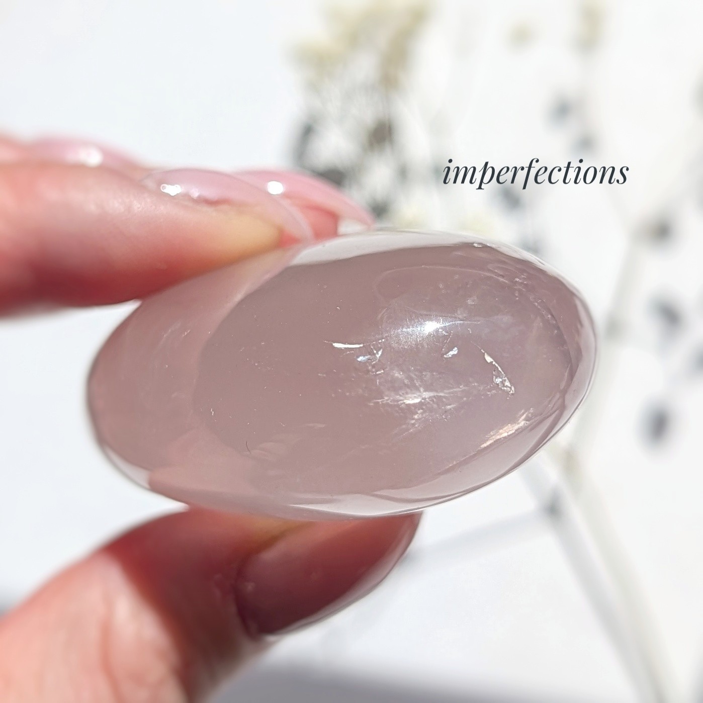 2″ shimmery rose quartz palmstone with asterism, star rose quartz palm crystal