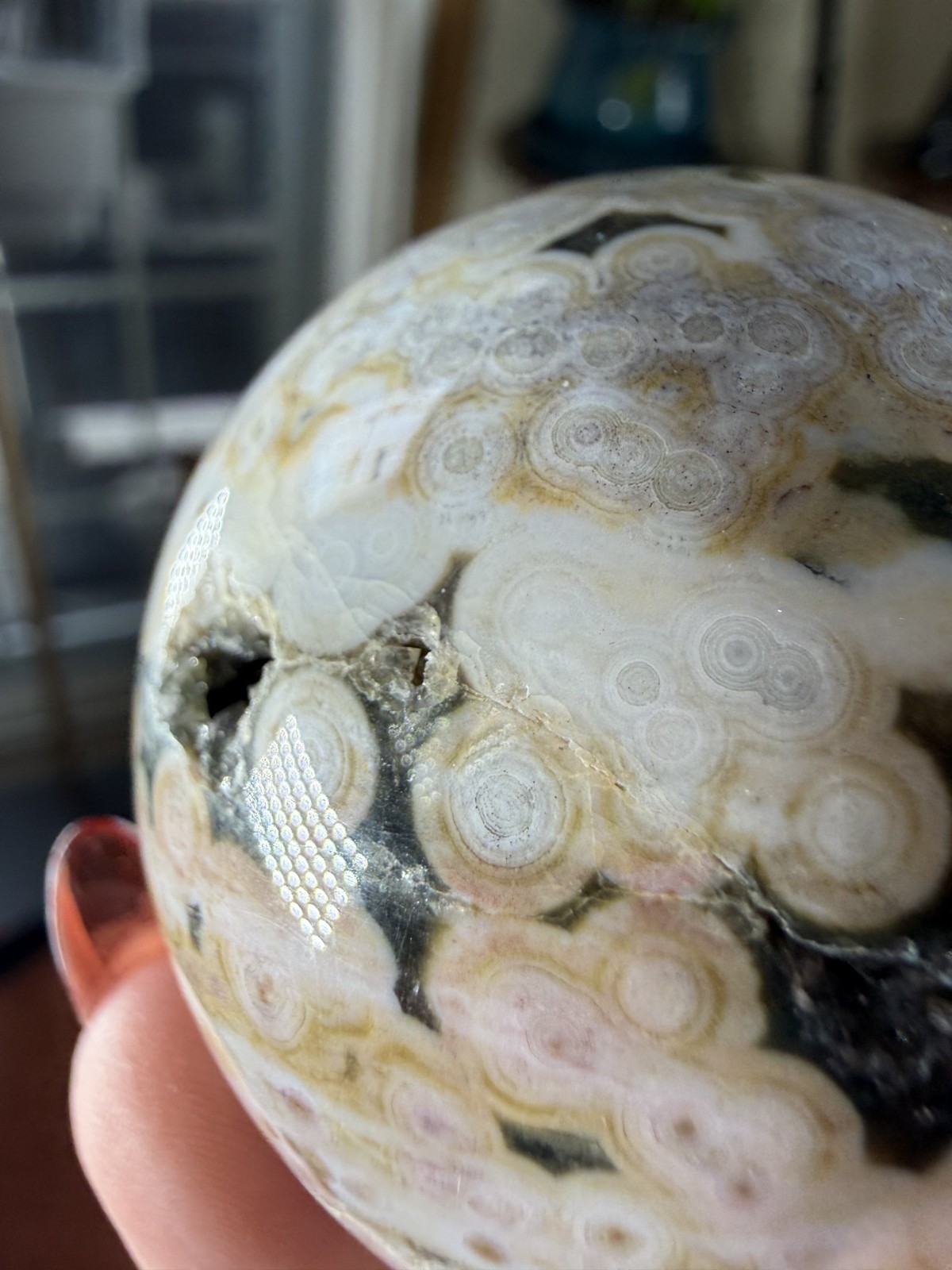 8th Vein Ocean Jasper Sphere – Pink, Green, Gold & White – Druzy Caves – 5.47 oz