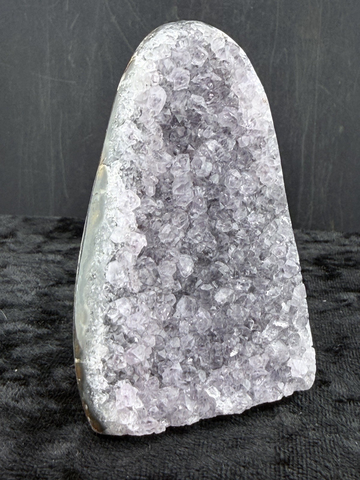 Silver Amethyst Crystals in Polished, Cut Base Lava Vug, from Uruguay 154 g.