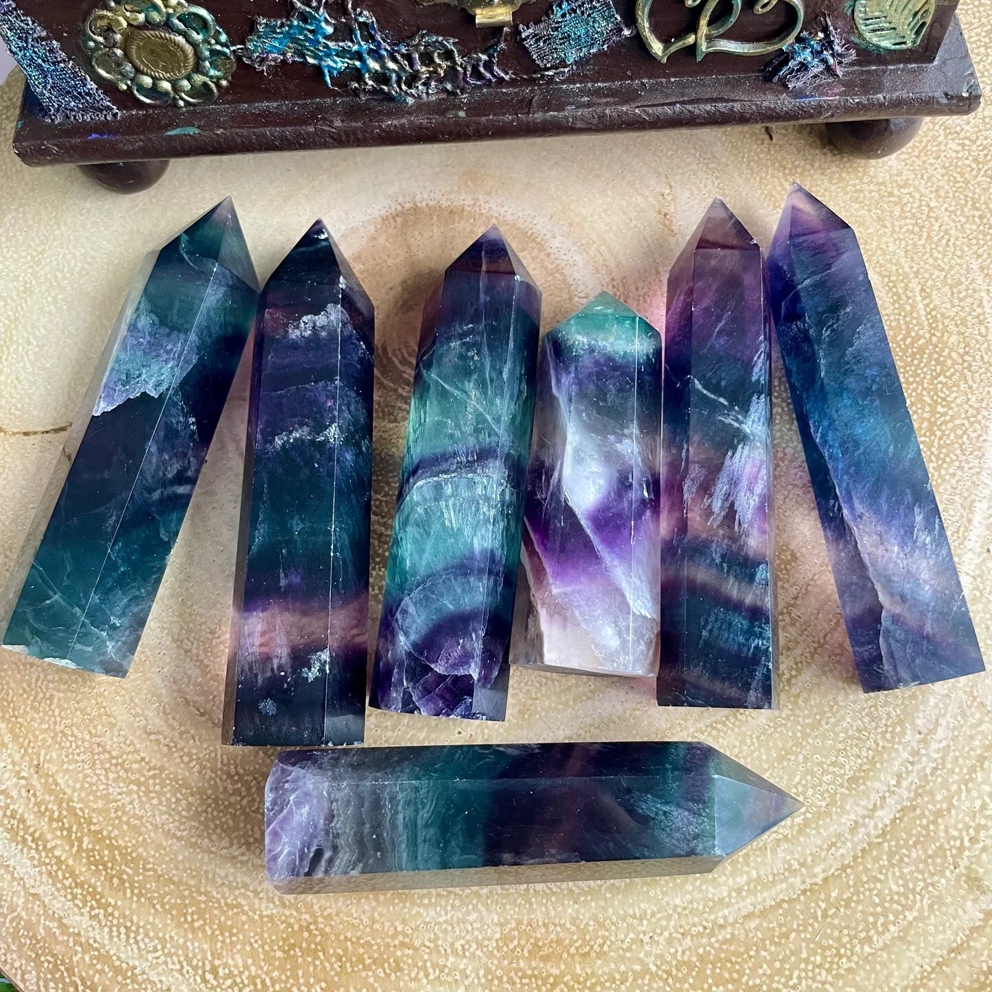 Natural Rainbow Fluorite Healing Crystal Wand Obelisk Reiki Tower Point Ornament