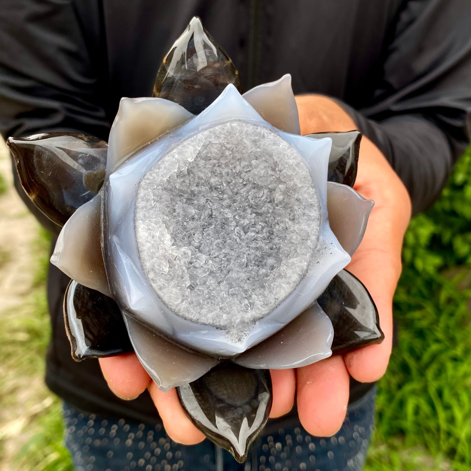 485G Natural Agate Geode Carved Lotus Flower, Hand Carved Healing Crystal Home