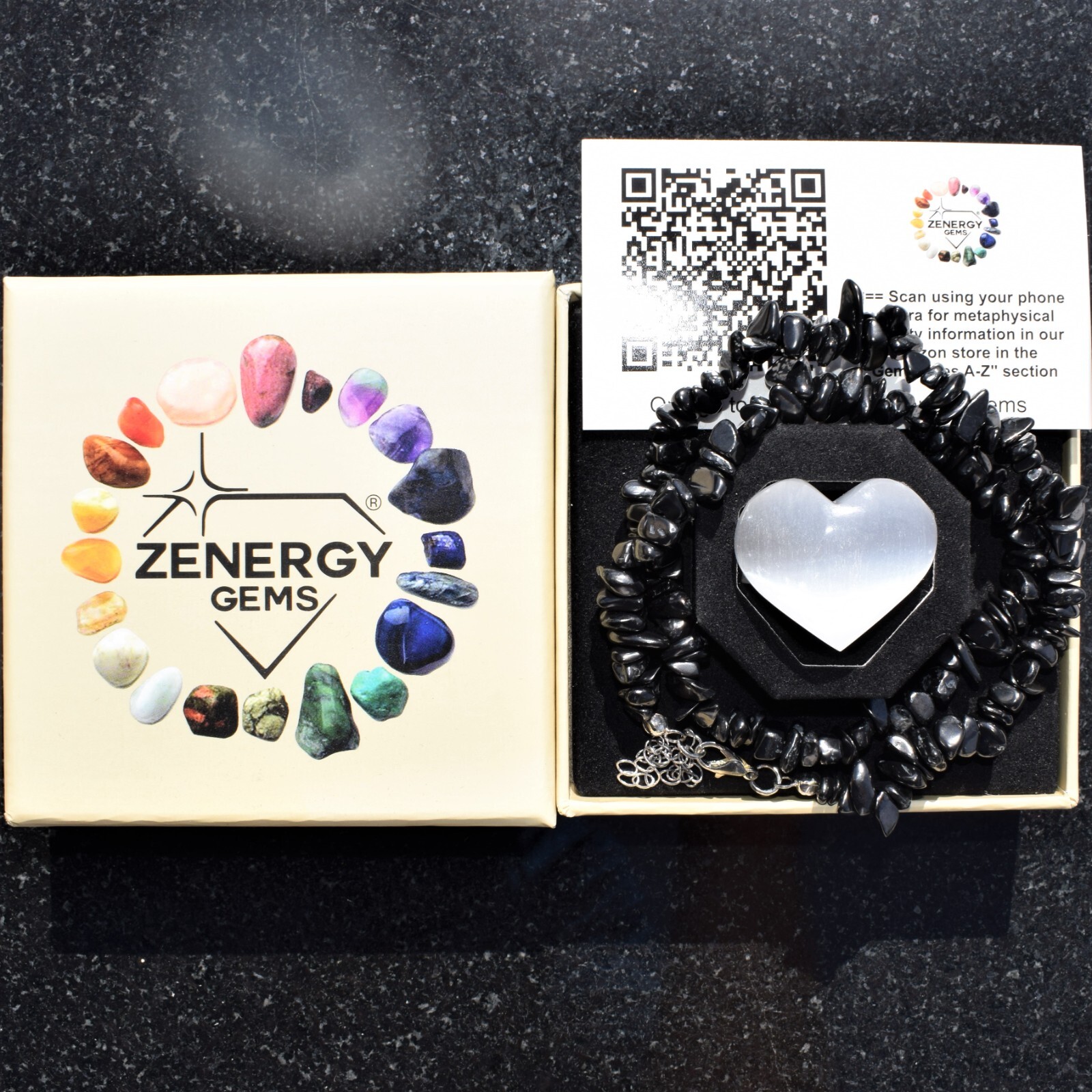 CHARGED Adjustable 17″ – 20″ Natural Shungite Crystal Necklace + Selenite Heart