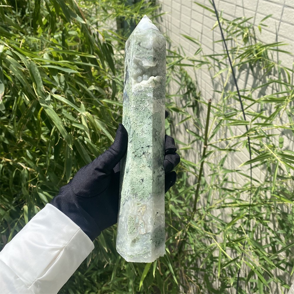 1.8LB 9.9″Natural A+Geode Moss Agate Obelisk Crystal Tower Quartz Reiki Decor