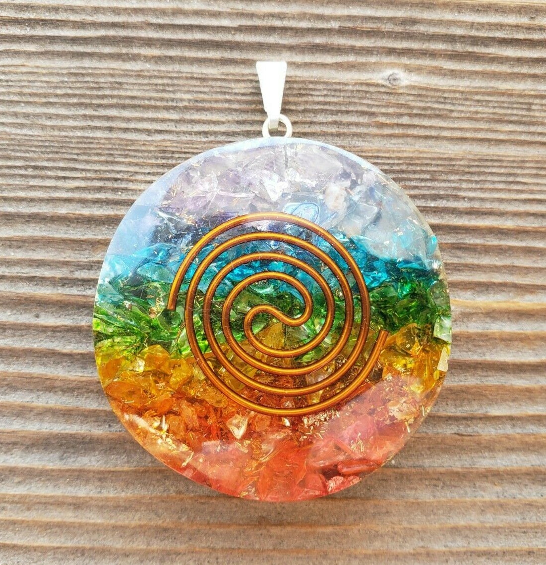 ORGONE 7 CHAKRA LAYERED ROUND (TYPE 2) GEMSTONE ROUND PENDANT ORGONITE (ONE)