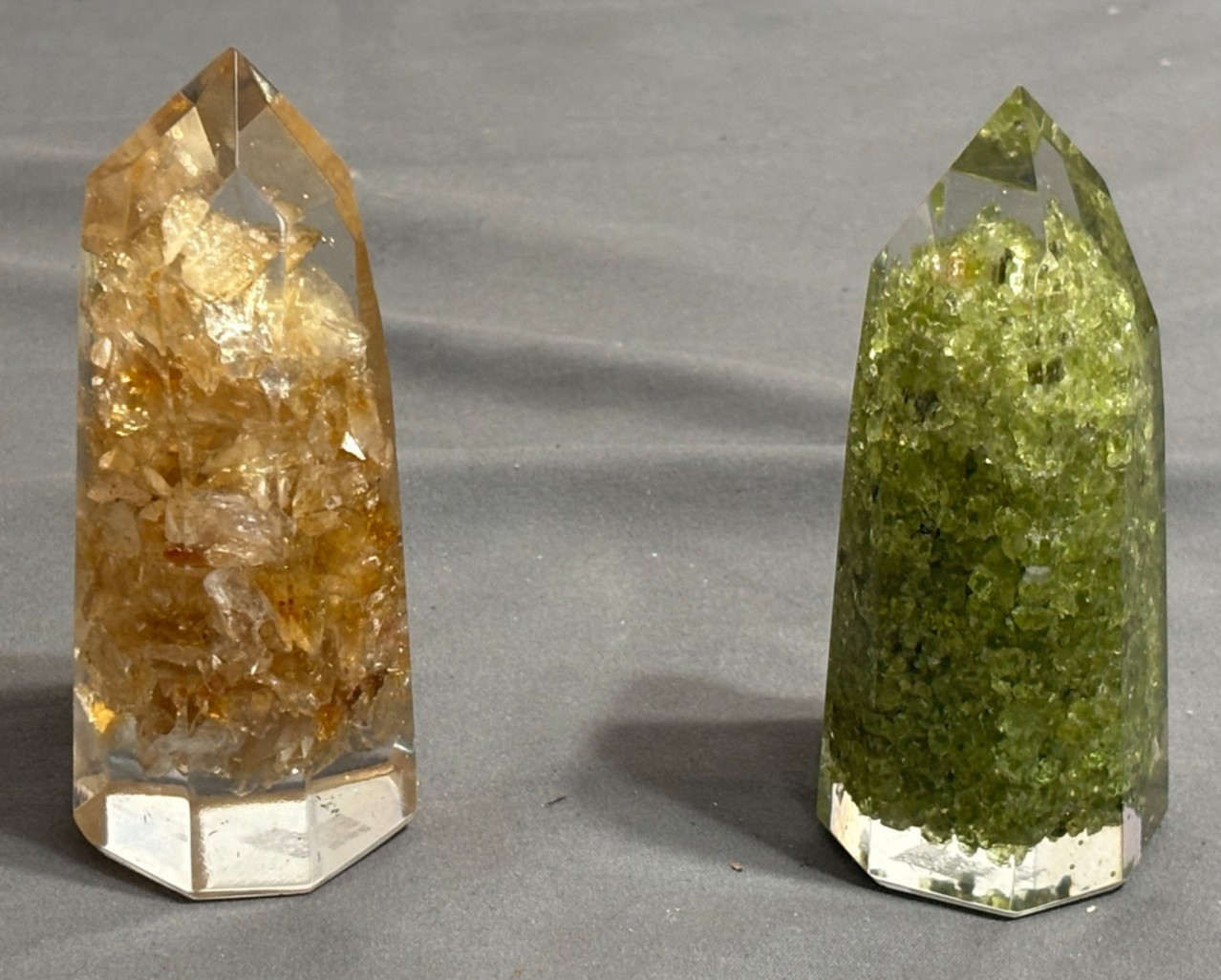 Lot 2 ORGANITE 4″ Crystal acrylic TOWER Wicca Mystic EPIDOTE & CITRINE Gemstones