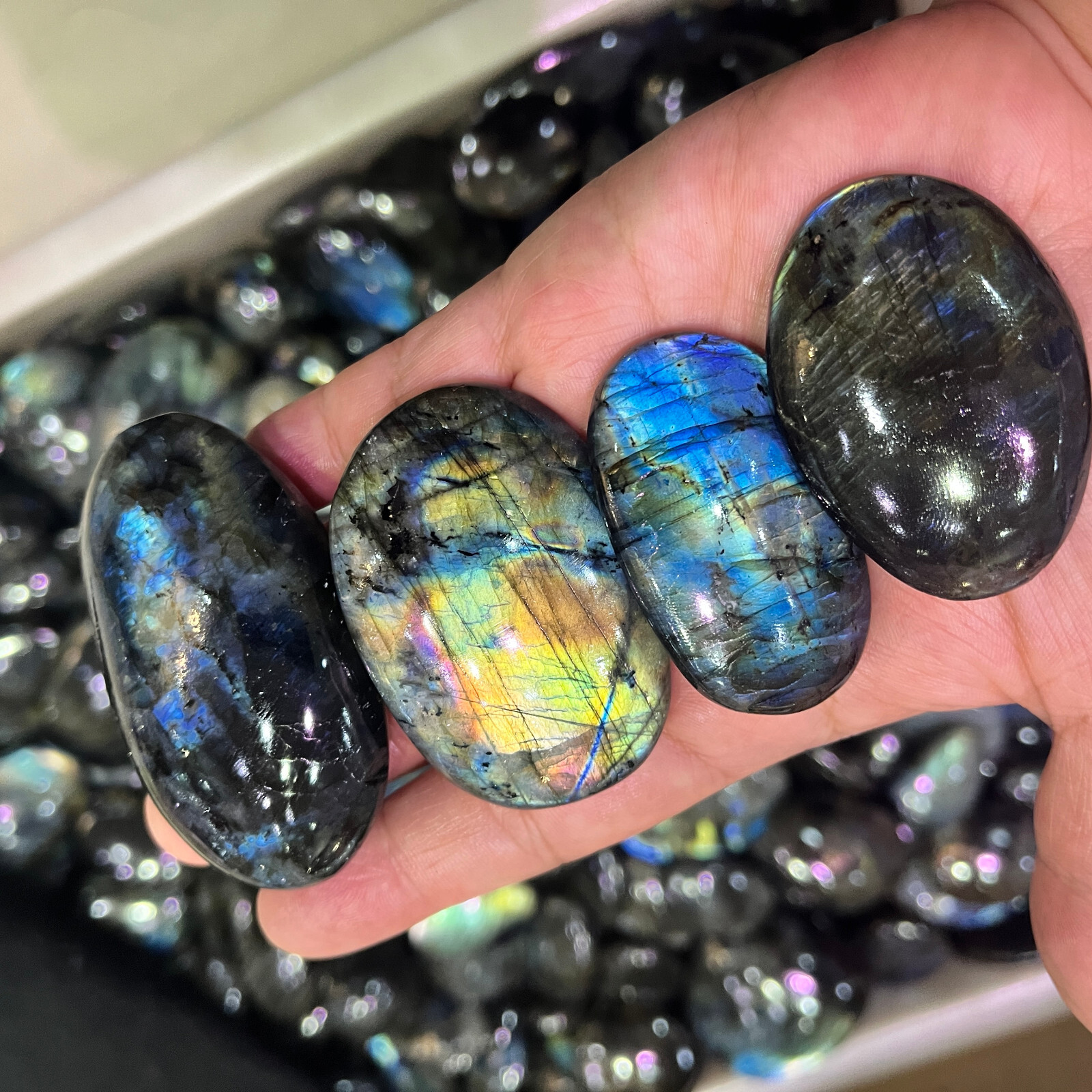 1PC Natural Colorful Labradorite Polished Crystal Quartz Palm Stone Rock Ore