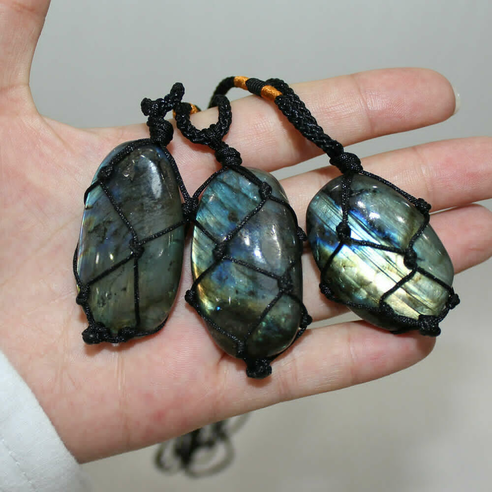 Wrap Women Mens Natural Stone Necklace Labradorite Pendant Crystal Moonstone TOS