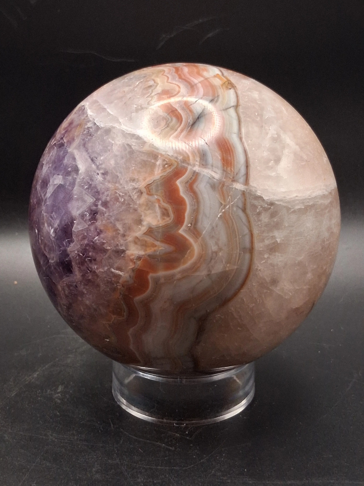 Large amethyst lace agate sphere! 89.6mm, 3.5″, 2.3 pounds
