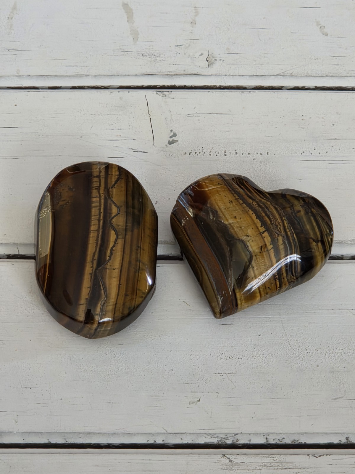 KCGS 2pc Tiger Eye Heart Palm Stone Crystal Healing Reiki Polished Puffy #1503